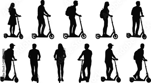 Electric scooter silhouette, people riding scooters, urban transport vector, eco friendly mobility, modern city commuting, black outline riders, lifestyle illustration