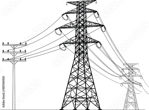 Electrical poles and transmission towers vector, power lines illustration, energy infrastructure, black silhouette, utility structure, editable graphic, voltage distribution