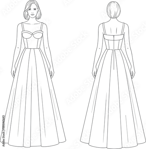 Elegant formal gown fashion illustration, front and back view, technical sketch, structured bodice, pleated skirt, woman dress design drawing
