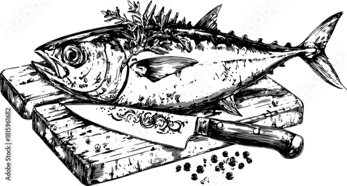 Fish on a cutting board with a knife. Vintage engraving style with realistic, detailed vector illustration.