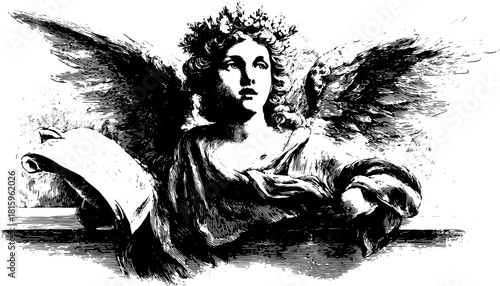 Vintage angel vector illustration in engraved style. The detailed outline features a winged figure with a halo, capturing classic artistic design.