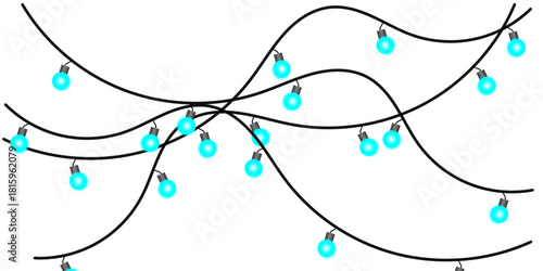 Illustration of a tangled string of glowing cyan Christmas or fairy lights on a white background.