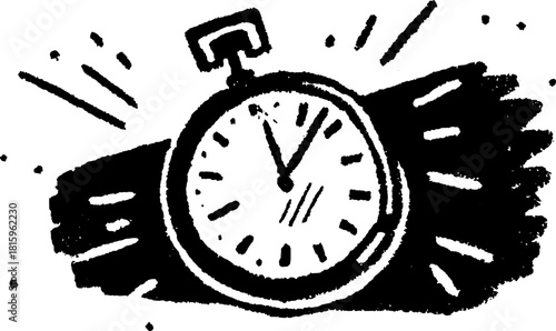 Vintage pocket watch illustration in black and white. Detailed vector design features a simple round dial with clear numbers in a stylish set.