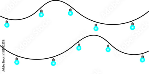 Two wavy strings of glowing cyan Christmas lights hanging against a plain white background.