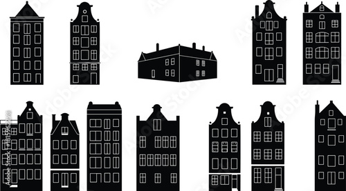 European building silhouettes, Dutch canal houses, black architecture icons, Amsterdam skyline, traditional facades, urban design, travel, tourism, cultural heritage