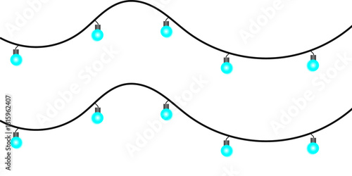 Two parallel strings of glowing cyan light bulbs hanging in a wavy pattern on a white background.