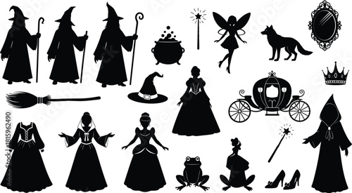 Fairy tale silhouettes, witch, wizard, princess, fantasy icons, magical elements, enchanted mirror, royal carriage, fairy wand, cloak, frog, crown, broomstick