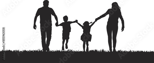 Family silhouette, walking together, parents and children, outdoor bonding, happy childhood, unity, support, grass field, motion, love, parenting, lifestyle