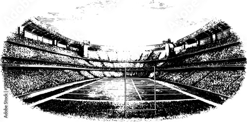 Vintage stadium engraving. Detailed outline of an empty sports field, presented as a black and white vector illustration.