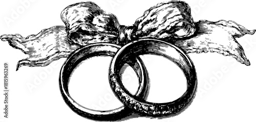 Vintage wedding rings with a bow. Engraved vector illustration set depicting romance and celebration.
