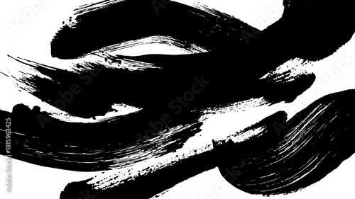 Black paint strokes on a white background create an abstract vector illustration. The artistic set features smooth, layered textures with dynamic movements.