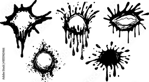 Vintage splash and paint droplet set in black. Creative and simple vector illustration showcasing various shapes and textures.