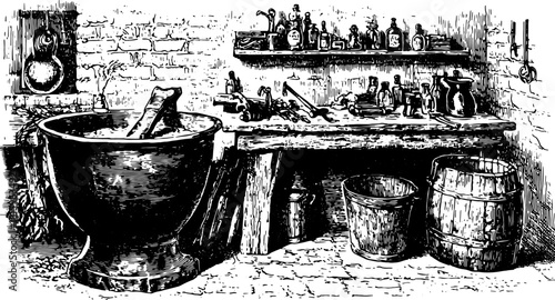Antique engraving of a kitchen workspace. Features include a large mortar and pestle, tools, and bottles arranged on a shelf in this vector illustration.