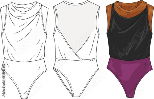 Fashion flat sketch of women sleeveless draped bodysuit with crossover back, cowl neckline, elegant apparel design, modern clothing illustration