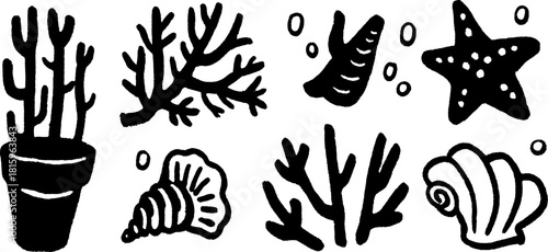 Coral, seashell, and star silhouettes. Hand-drawn black outline illustration in a vector set featuring marine elements for decorative use.