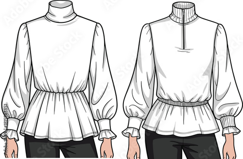 Fashion illustration, blouse design, peplum top, voluminous sleeves, ruffled cuffs, turtleneck collar, zipper front, garment sketch, stylish silhouette, apparel concept