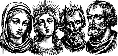 Portraits of four figures in vintage line art style. Detailed vector illustration set showcasing historical representations.