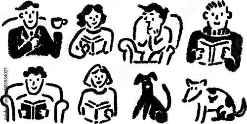People reading books in a cozy set with a dog and cat. Simple black and white vector illustration capturing a comfortable lifestyle.