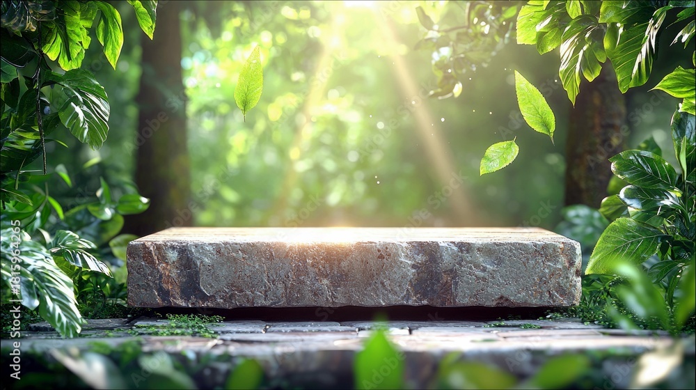 Naklejka premium A stone slab rests on a path surrounded by lush green foliage, bathed in soft sunlight filtering through trees.