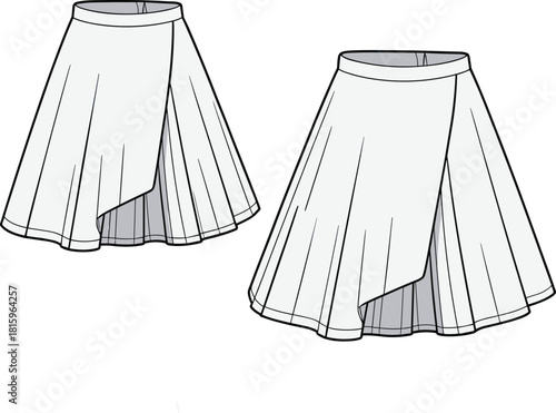 Fashion sketch, asymmetrical skirt design, flared silhouette, overlay panel, garment construction, technical drawing, stylish apparel, couture concept, pattern variation, waistband detail