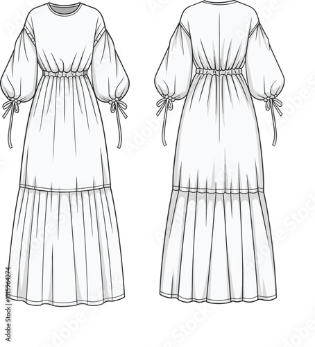 Fashion illustration, technical sketch, long dress design, puff sleeves, tiered skirt, garment construction, front view, back view, elegant silhouette, bows