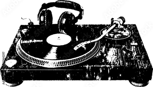 Turntable and headphones in vintage line drawing style. Detailed vector illustration showcasing classic music equipment set in black and white.