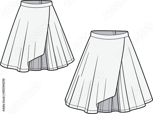 Fashion sketch, asymmetrical skirt, A-line silhouette, layered design, garment construction, sewing pattern, stylish drape, apparel illustration, textile concept, couture