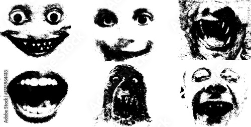 Facial expressions in black and white. Distorted vector illustrations showcasing various features and gestures in a creative set.
