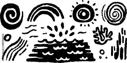 Abstract pattern design featuring bold black and white shapes, waves, and circles. A modern vector illustration with artistic elements.