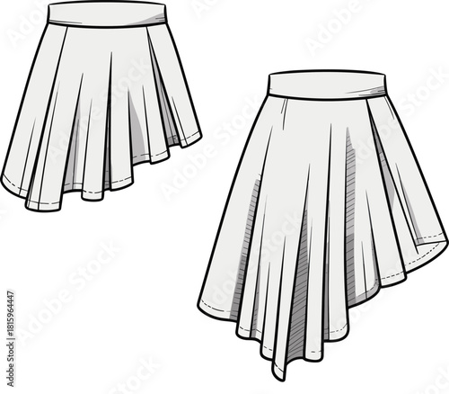 Fashion sketch, skirt illustration, pleated design, asymmetrical hem, garment drawing, black and white, silhouette style, textile concept, couture art, runway inspiration