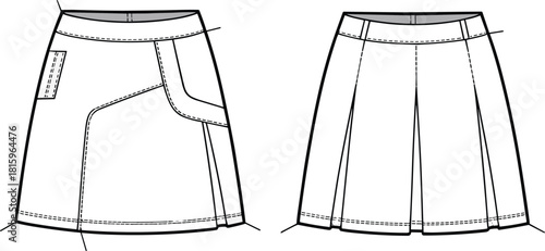 Fashion sketch, technical skirt design, pleated skirt, patch pocket, garment construction, sewing pattern, apparel illustration, flared hem, tailoring, textile