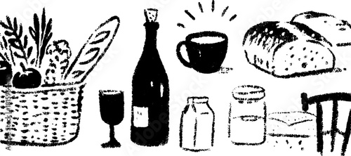 Basket filled with food items including bread, wine, and vegetables. Simple black and white vector illustration showcasing a grocery set.