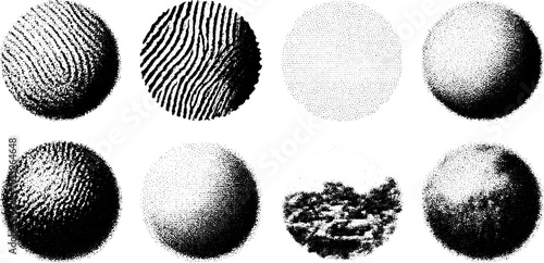 Stylish textures in a vector set, featuring abstract patterns on spheres. The black and white designs create a modern graphic illustration.