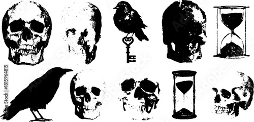 Skulls, birds, and hourglasses in a striking black and white vector illustration. This classic set features silhouettes with a macabre aesthetic.