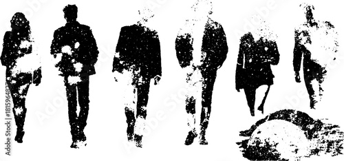 Silhouette of a group of people walking in modern style. Monochrome vector illustration with a fashionable design set.