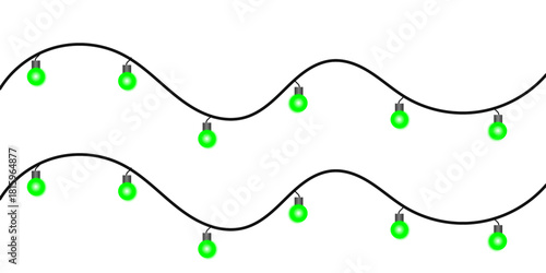 Two strings of festive green party lights hanging in a wavy pattern on a clean white background.