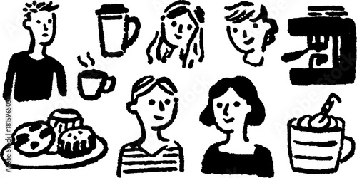 Coffee, drinks, and cookies in a hand-drawn sketch style. Simple black and white vector illustration of casual cafe culture and shared enjoyment.
