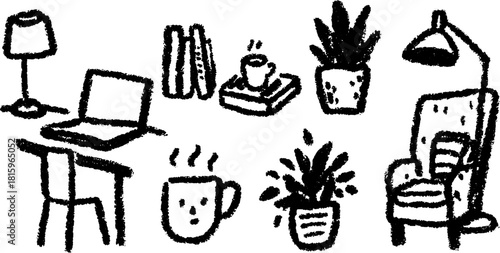 Simple vector illustration featuring furniture elements like a chair, lamp, desk, and plants. This set of black and white sketches creates a minimal indoor workspace.