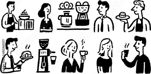 Coffee and pastry service in a simple vector illustration. Casual cafe scene with smiling customers and waiters interacting over food and drinks.