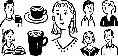 Illustration of people enjoying coffee and conversation. Simple black and white style vector set depicting a casual social environment.