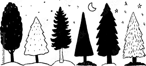Trees in various silhouettes, displayed in a simple black and white set. Vector illustration of conifers in a natural landscape.