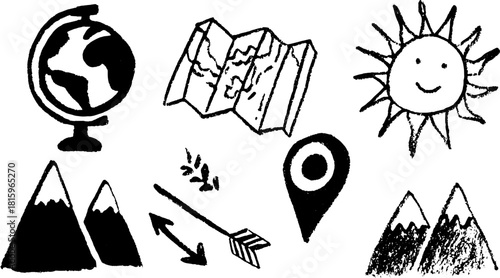 Set of globe, map, and sun icons. Simple black outline vector illustrations depicting landscapes and navigation elements.