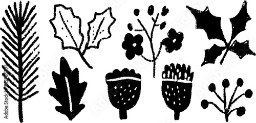 Set of botanical illustrations featuring various leaves and acorns. Black and white, simple vector illustration with natural elements.