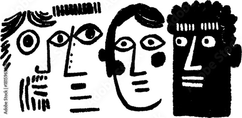 Silhouette faces in hand-drawn style, featuring outlines and simple designs. Vector illustration showcasing unique expressions in a set.