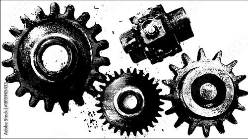 Vintage gears and mechanic elements in line drawing style. Detailed vector illustration of industrial equipment and technology setup.