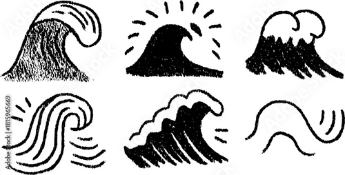 Wave symbols in vintage style. Black and white abstract vector illustration featuring simple, hand-drawn elements in a cohesive set.