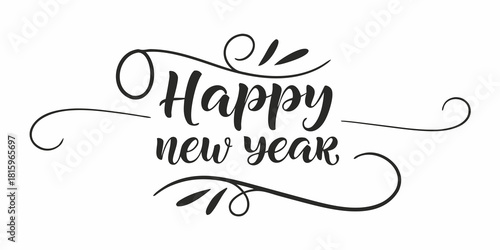 A stylish cursive **"Happy new year"** message framed by decorative swirls and flourishes, creating a festive, celebratory design.