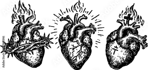 Heart illustration with flames, crosses, and crowns. Vintage vector set symbolizing spirituality and devotion in detailed black and white.