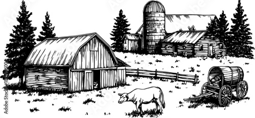 Rural farm scene with a barn and cow. Black and white vector illustration showcasing the landscape in a simple, hand-drawn style.