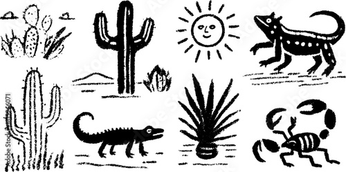 Cactus, agave, lizard, and scorpion in hand-drawn style. Black outline illustrations depicting desert wildlife in a vector art set.